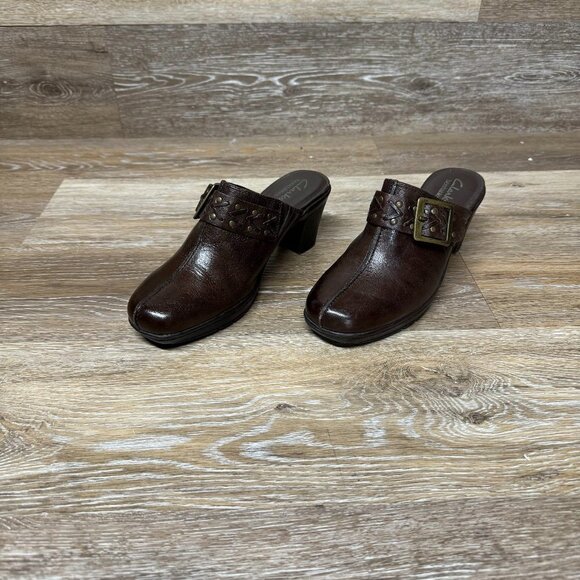 Clarks Bendables Shoes Womens 6.5M Mirabelle Holly Mule Clog Brown Leather Block - Picture 1 of 6